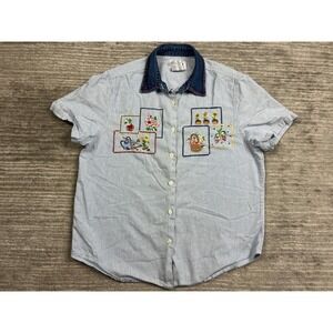 Solutions Original Shirt Womens Medium Blue Pinstripe Embroidered Garden Denim